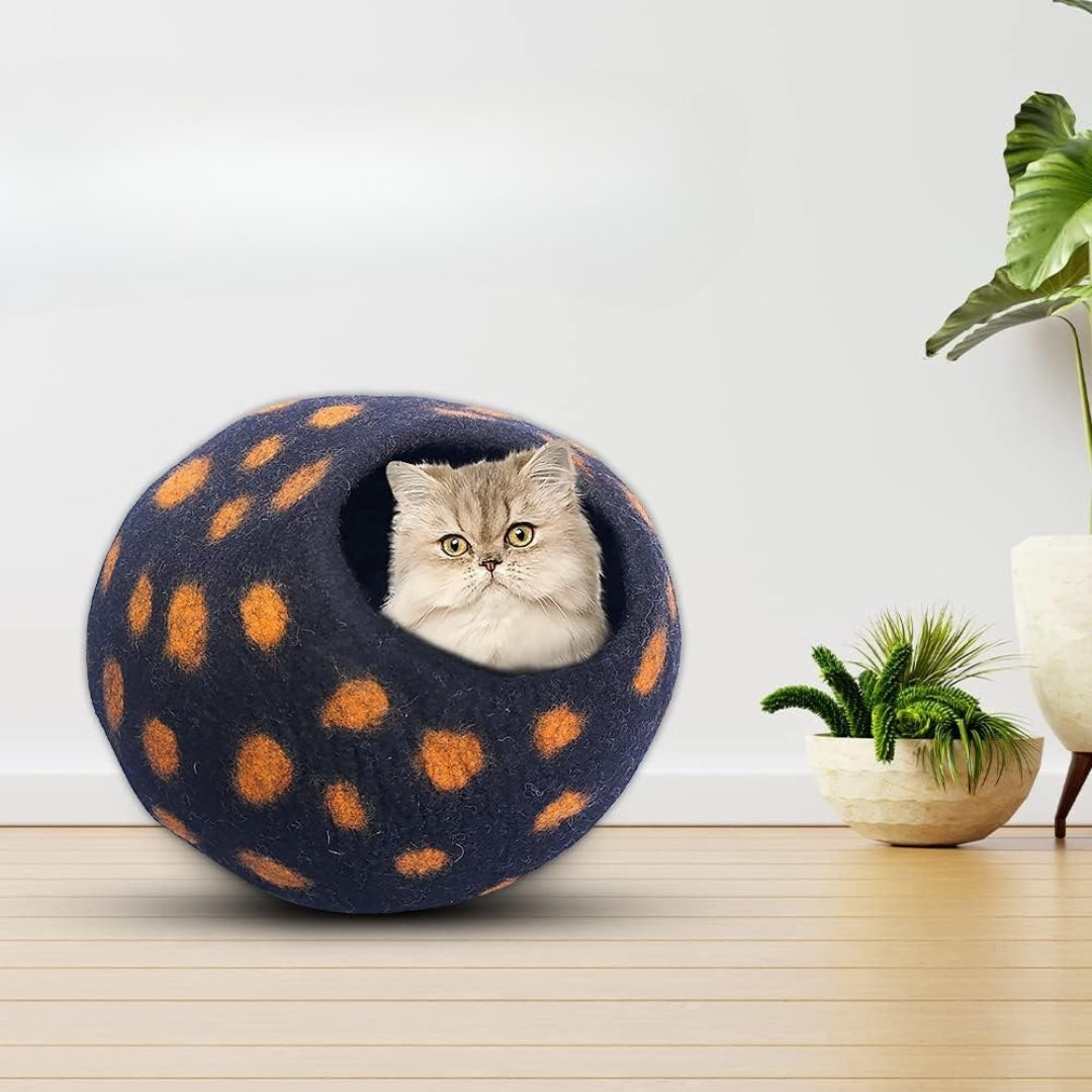 Grotte pour chat en laine mérinos écologique – Niche Lit douillet pliable en feutre naturelle – Maison couverte pour chat d’intérieur