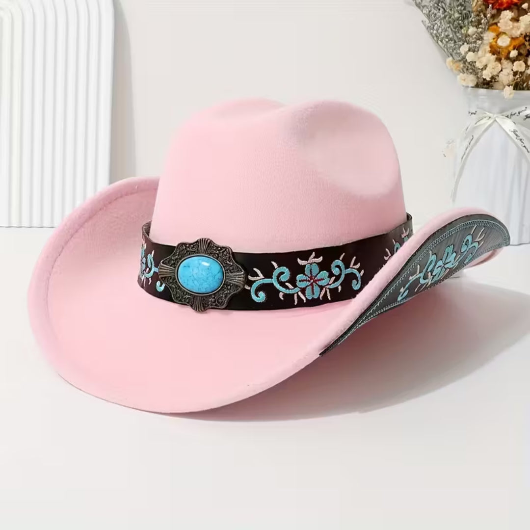 Chapeau de cow-boy en feutre pour femme – Avec pierre turquoise et ceinture brodée – Noir, blanc ou rose