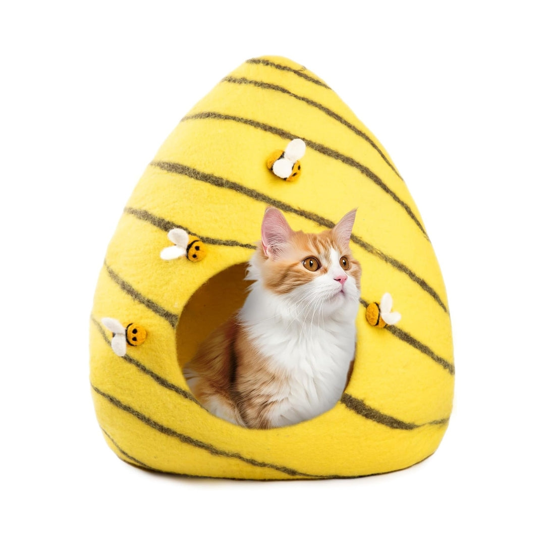 Grotte pour chat en laine mérinos écologique – Lit pliable en feutre – Maison couverte pour chat d’intérieur – Motif ruche