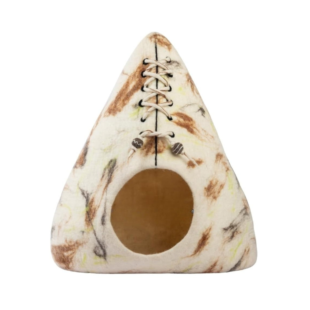Grotte pour chat en laine mérinos écologique – Lit pliable en feutre – Maison couverte pour chat d’intérieur – Design tipi marbré
