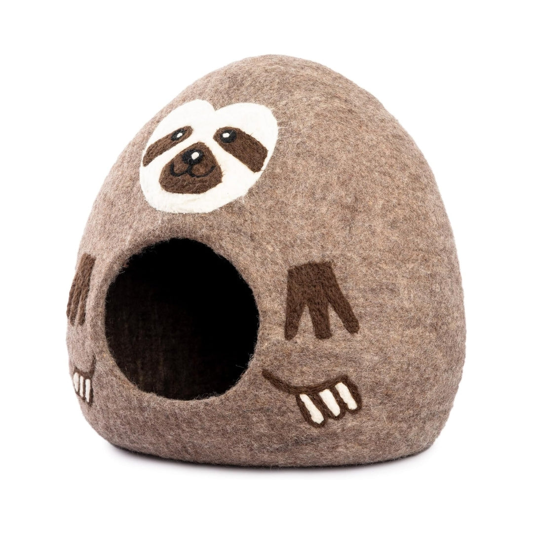 Grotte pour chat en laine mérinos écologique – Lit pliable en feutre – Nid douillet couvert pour chat d’intérieur – Motif paresseux marron