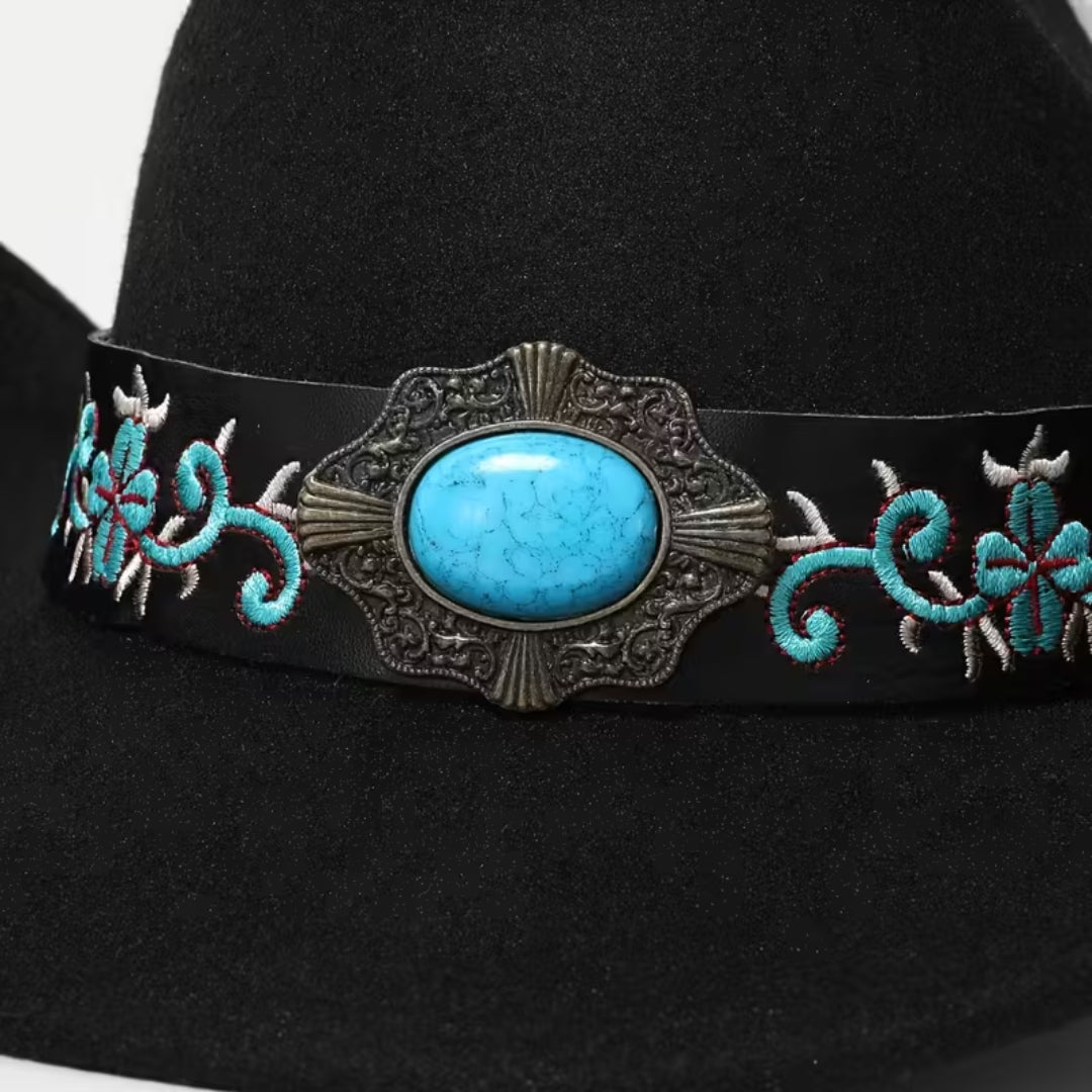 Chapeau de cow-boy en feutre pour femme – Avec pierre turquoise et ceinture brodée – Noir, blanc ou rose