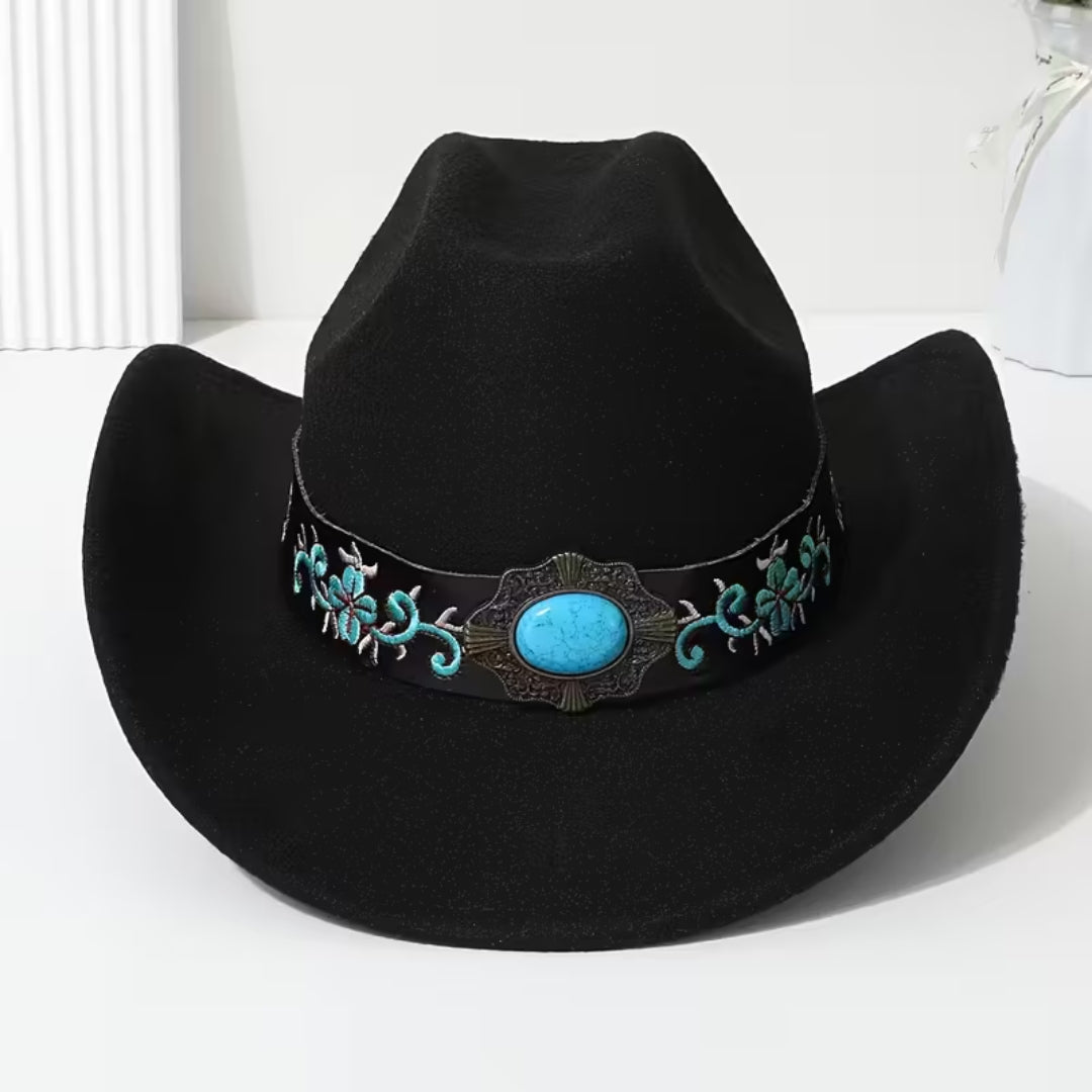 Chapeau de cow-boy en feutre pour femme – Avec pierre turquoise et ceinture brodée – Noir, blanc ou rose