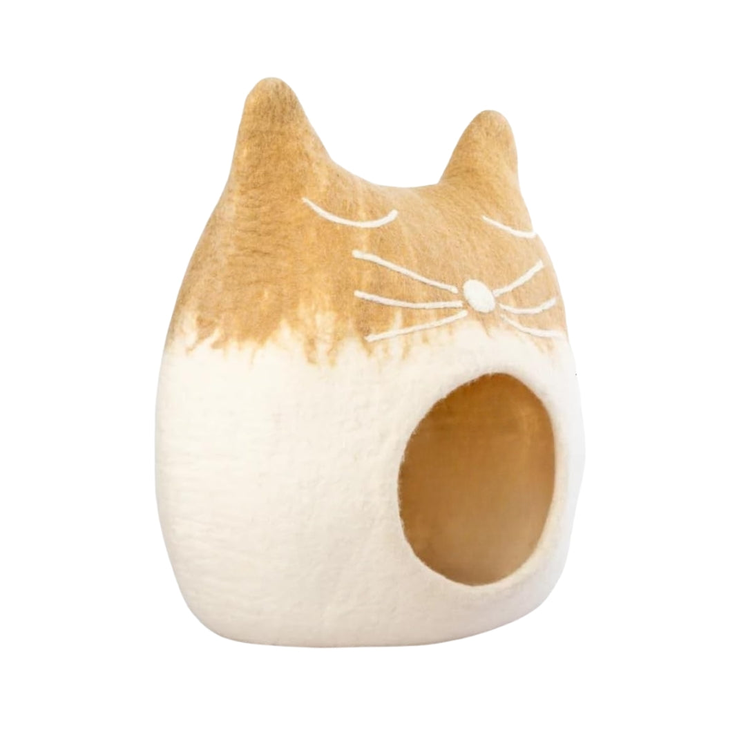 Grotte pour chat en laine mérinos écologique – Lit pliable en feutre – Maison couverte pour chat d’intérieur – Motif chat endormi