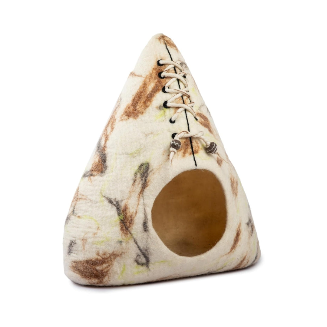 Grotte pour chat en laine mérinos écologique – Lit pliable en feutre – Maison couverte pour chat d’intérieur – Design tipi marbré