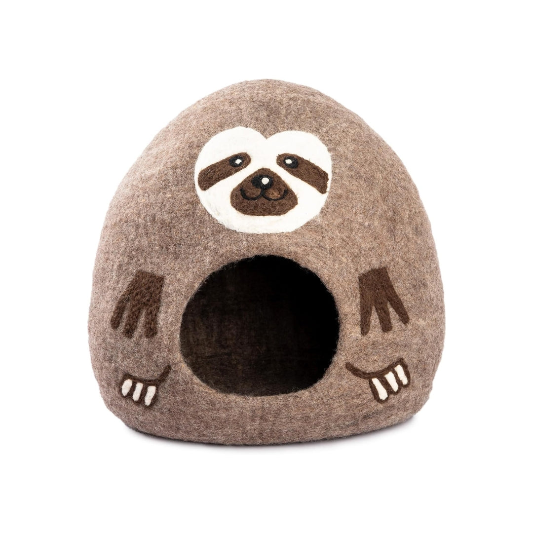 Grotte pour chat en laine mérinos écologique – Lit pliable en feutre – Nid douillet couvert pour chat d’intérieur – Motif paresseux marron