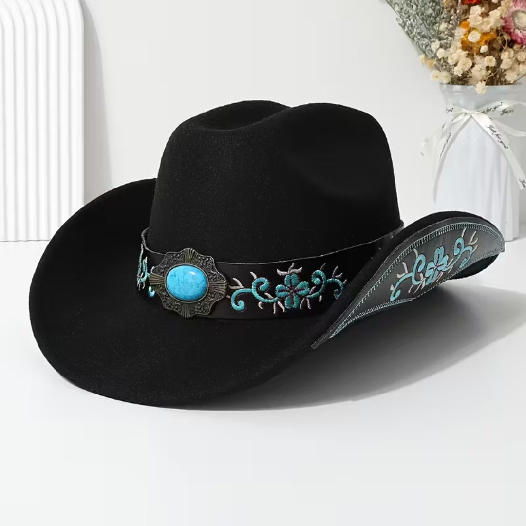 Chapeau de cow-boy en feutre pour femme – Avec pierre turquoise et ceinture brodée – Noir, blanc ou rose