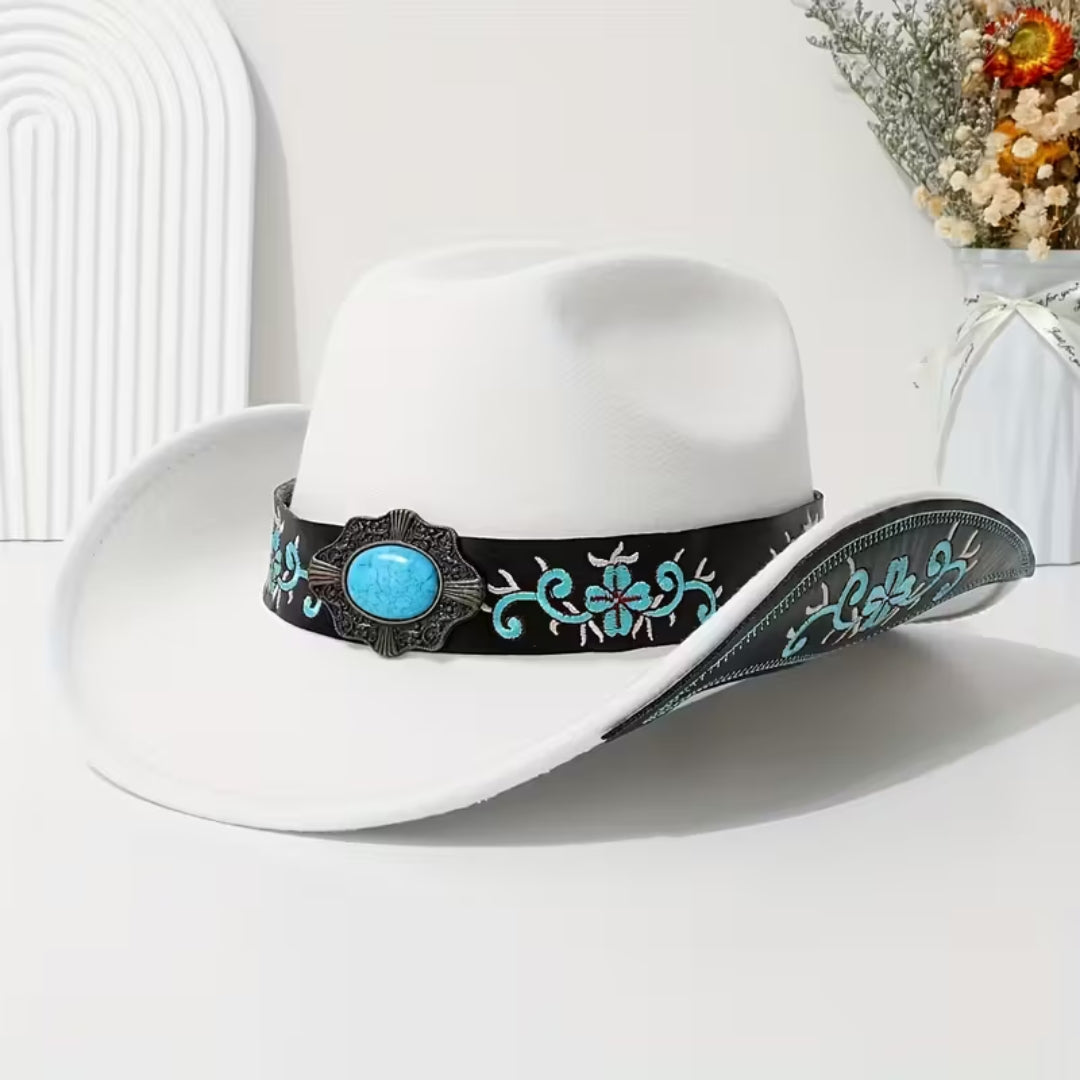 Chapeau de cow-boy en feutre pour femme – Avec pierre turquoise et ceinture brodée – Noir, blanc ou rose
