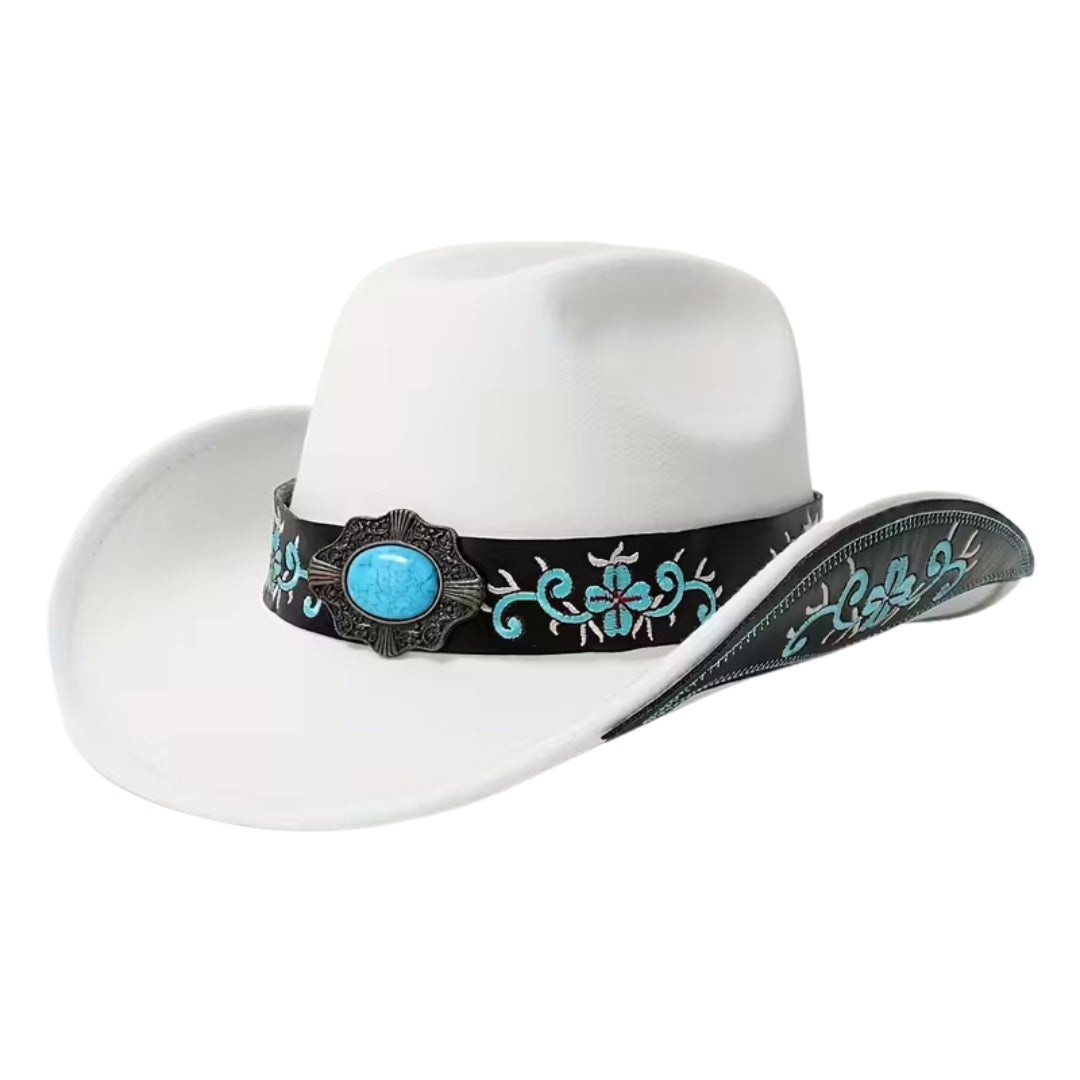 Chapeau de cow-boy en feutre pour femme – Avec pierre turquoise et ceinture brodée – Noir, blanc ou rose