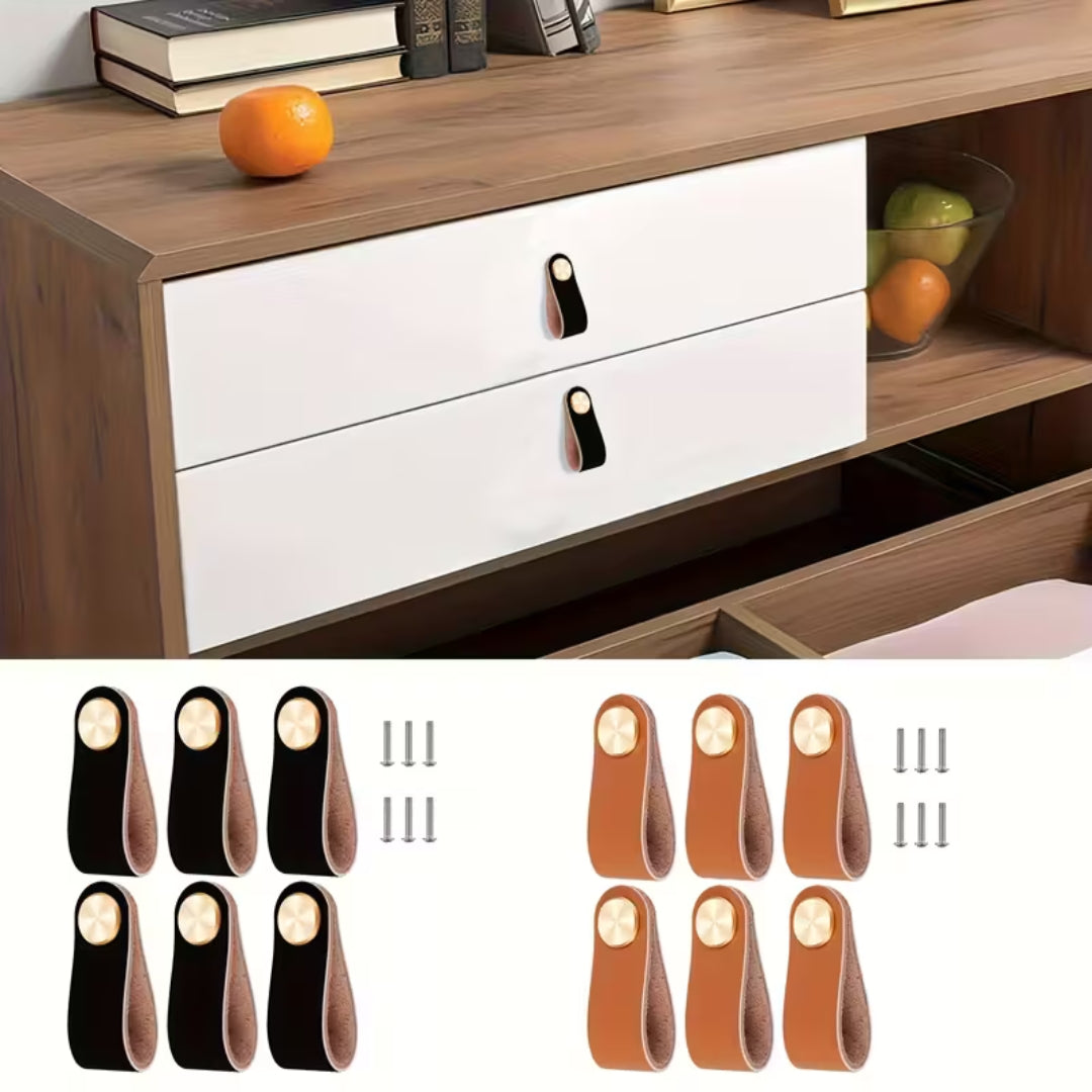 Lot de 6 poignées de tiroir en similicuir épais – poignées décoratives pour portes de placard, commodes et meubles modernes