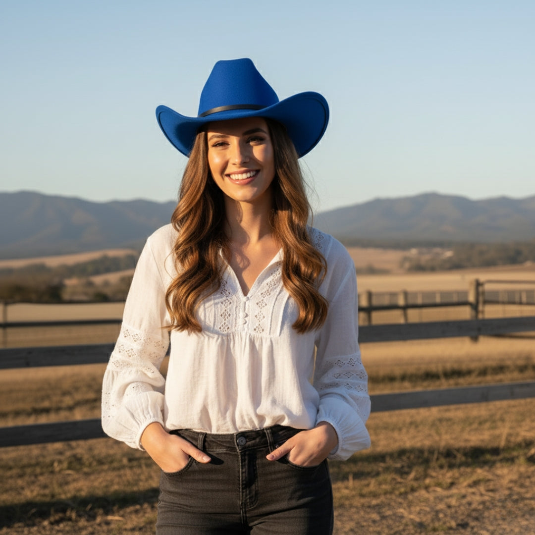 Chapeau de cow-boy occidental en feutre – Style jazz à bord roulé – Accessoire unisexe – Noir ou bleu royal