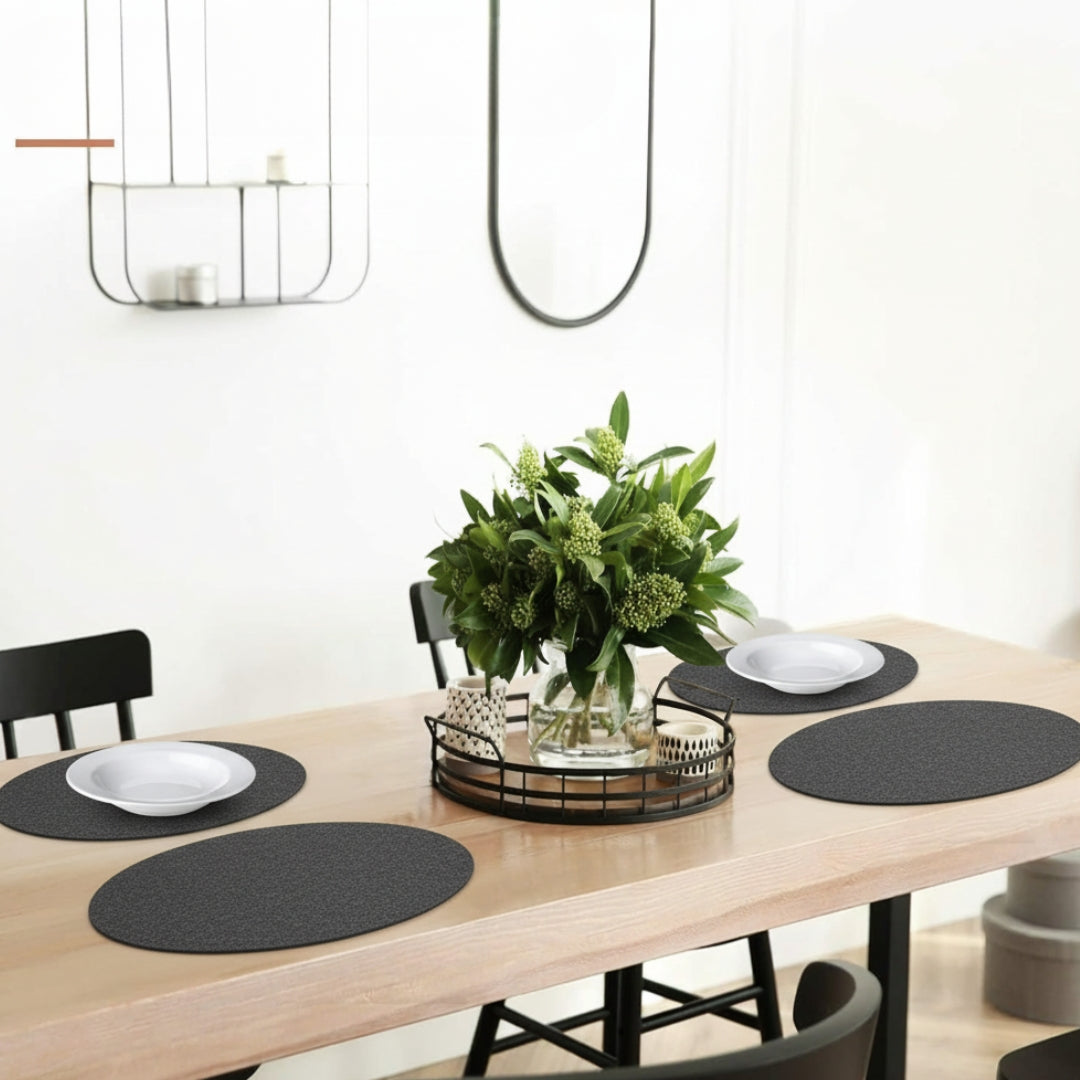 Lot de 18 sets de table en feutre ovales avec dessous de verre et sacs à couverts – lavables, antidérapants, résistants à la chaleur – gris foncé