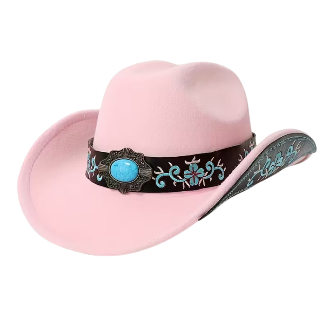 Chapeau de cow-boy en feutre pour femme – Avec pierre turquoise et ceinture brodée – Noir, blanc ou rose