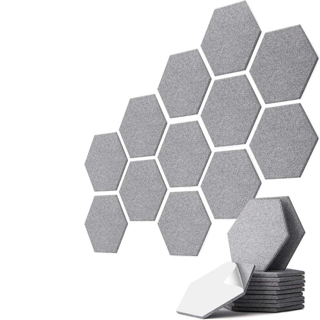 Lot de 12 panneaux acoustiques hexagonaux en feutre autocollants – isolation phonique murale décorative – 250 x 215 x 9 mm