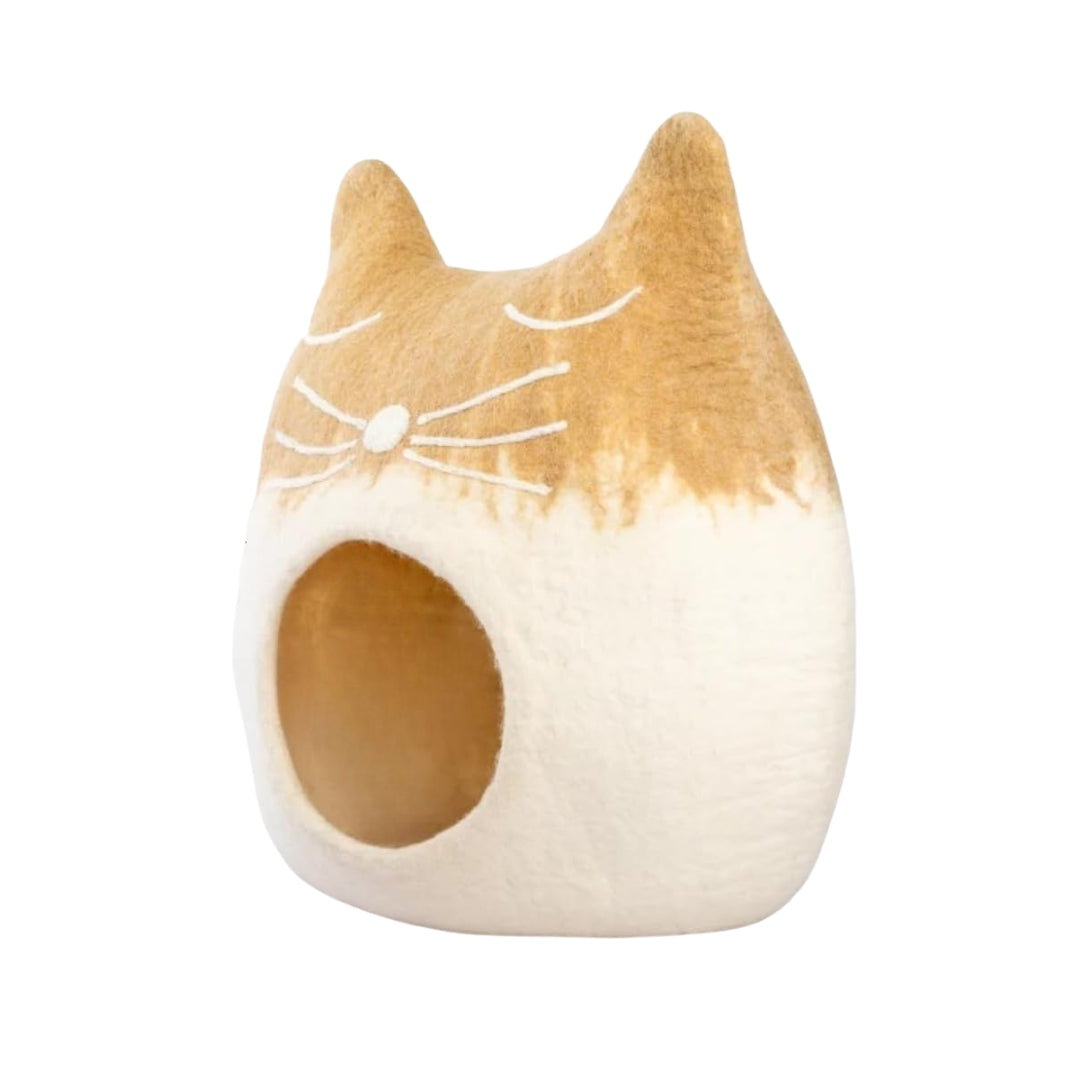 Grotte pour chat en laine mérinos écologique – Lit pliable en feutre – Maison couverte pour chat d’intérieur – Motif chat endormi