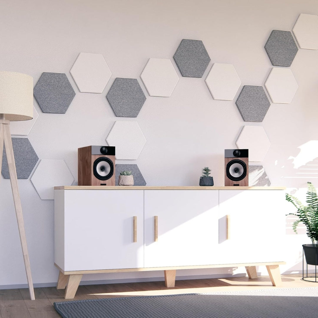 Lot de 12 panneaux acoustiques hexagonaux en feutre autocollants – isolation phonique murale décorative – 250 x 215 x 9 mm