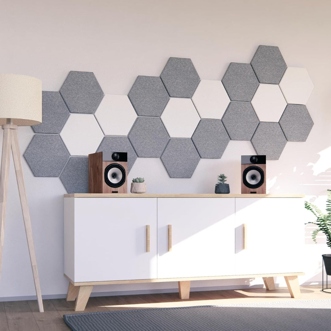 Lot de 12 panneaux acoustiques hexagonaux en feutre autocollants – isolation phonique murale décorative – 250 x 215 x 9 mm
