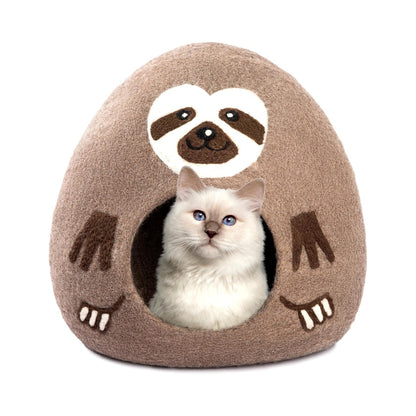 Grotte pour chat en laine mérinos écologique – Lit pliable en feutre – Nid douillet couvert pour chat d’intérieur – Motif paresseux marron