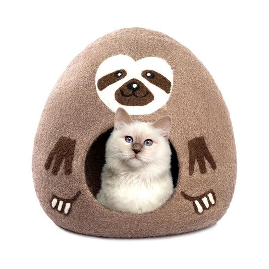 Grotte pour chat en laine mérinos écologique – Lit pliable en feutre – Nid douillet couvert pour chat d’intérieur – Motif paresseux marron