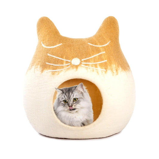 Grotte pour chat en laine mérinos écologique – Lit pliable en feutre – Maison couverte pour chat d’intérieur – Motif chat endormi