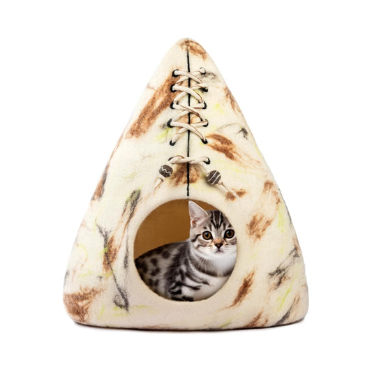Grotte pour chat en laine mérinos écologique – Lit pliable en feutre – Maison couverte pour chat d’intérieur – Design tipi marbré