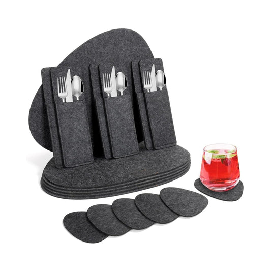 Lot de 18 sets de table en feutre ovales avec dessous de verre et sacs à couverts – lavables, antidérapants, résistants à la chaleur – gris foncé