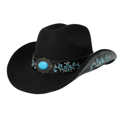 Chapeau de cow-boy en feutre pour femme – Avec pierre turquoise et ceinture brodée – Noir, blanc ou rose