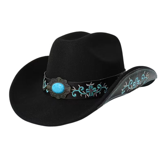 Chapeau de cow-boy en feutre pour femme – Avec pierre turquoise et ceinture brodée – Noir, blanc ou rose