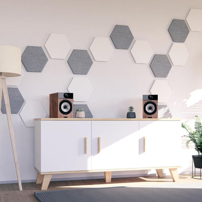Lot de 12 panneaux acoustiques hexagonaux en feutre autocollants – isolation phonique murale décorative – 250 x 215 x 9 mm